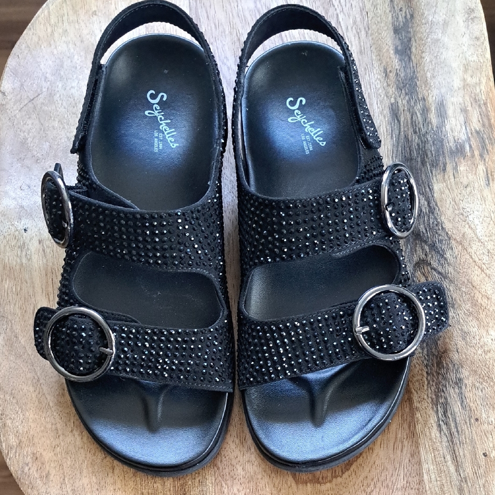 Seychelles Womens Black Rhinestone Sandals with Buckles